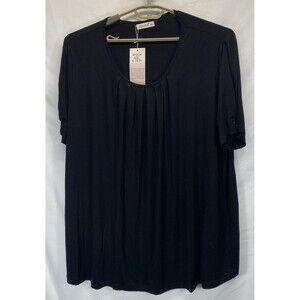 Maner Women's Size 4XL Black Scoop Pleated Neck Stretch Short Sleeve Top NWT